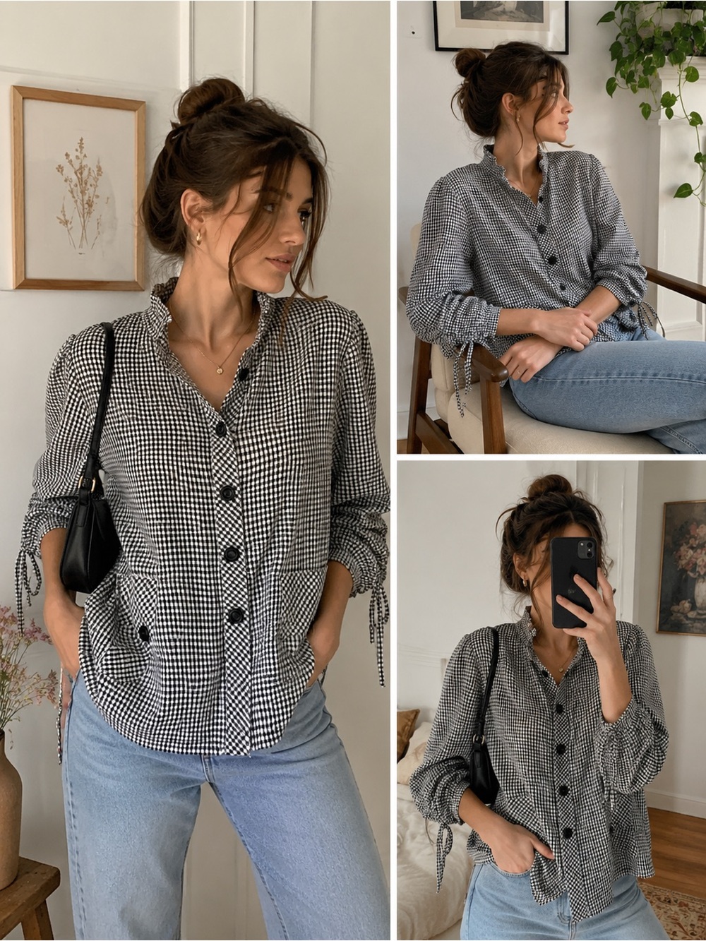 Norm Thompson Black & White Gingham Button-Front Blouse